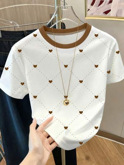 Resyla 女士心形波点菱形图案圆领短袖T恤