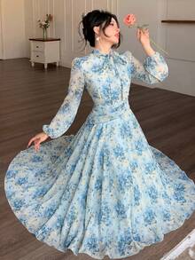 Modelyn 女士蓝色系带领褶皱腰身连衣裙，适合春秋季户外穿着 - 藍色 - 查看 8