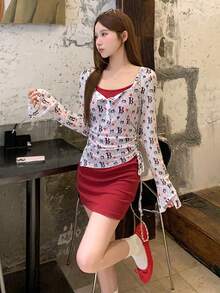 DAZY 2pcs Women Letter Print Button Design Long Sleeve Top And Spaghetti Strap Dress Set Night Out All White Burgundy Autumn Y2k Cute - Burgundy - View 7