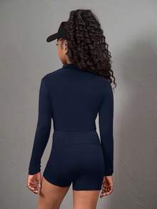 SHEIN Girlism Tween Girl 3 Pieces Set: Long Sleeve Mock Neck Zip-Up Top, Camisole, And Leggings - Navy Blue - View 9
