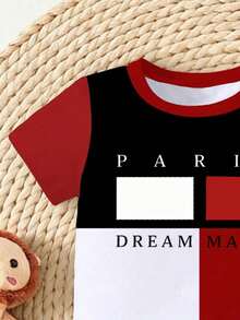 2件組男嬰黑色與紅色Paris & DREAM MAKER字母印花拼色T恤短褲套裝，夏季街頭休閒圖案街頭時尚 - 彩色 - 查看 6