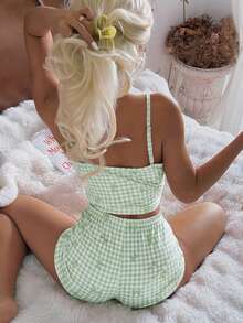 CottageSlumber Conjunto de pijama casual de corte ajustado con estampado de lazo a cuadros rosas y botones blancos - Verde - Ver 2