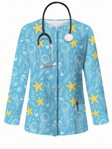 PopScrub Jellyfish & Starfish Print Scrub Jacket, Fashion Cardigan Design With Hanging Earrings For Women Nurse Scrub Uniform Top, Scrub Uniform Jacket For Spring/Summer - Multicolor - View 6