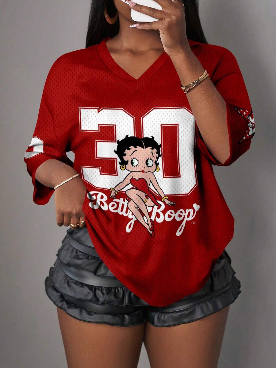 Slaydiva Betty Boop x SHEIN 大码休闲可爱黑红撞色V领宽松简约V领T恤,适合夏季穿着 - 彩色 - 查看 1