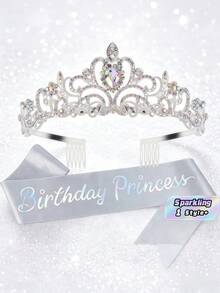 Sparkling Birthday Princess Crown With Sash – Silvery Rhinestone Tiara & Sash Set, Women's Party Decoration - View 1