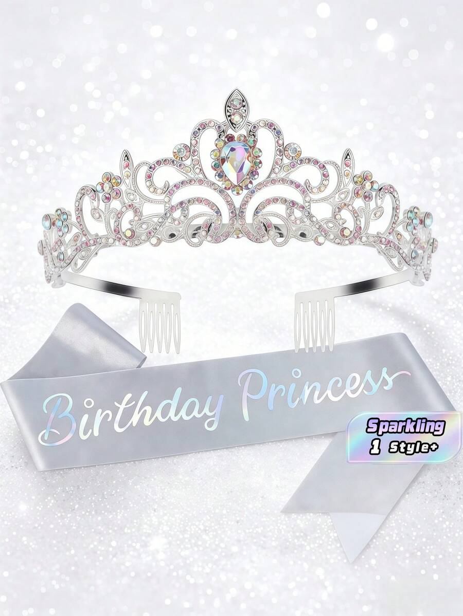 Sparkling Birthday Princess Crown With Sash – Silvery Rhinestone Tiara & Sash Set, Women's Party Decoration - View 1