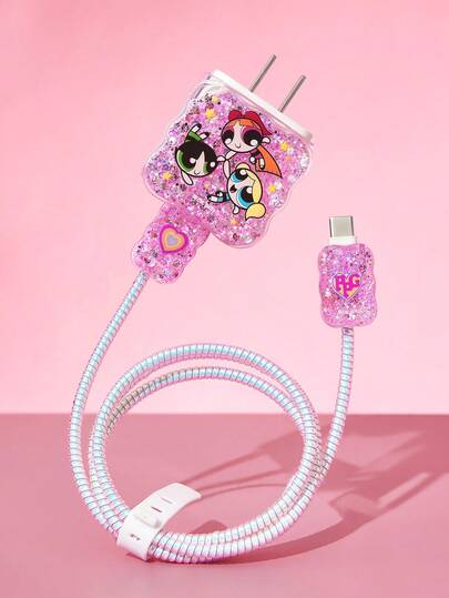 THE POWERPUFF GIRLS X SHEIN 3 pièces Couvercle de protection de câble de données, convient pour le chargeur d', motif d'impression de cerise, couvercle de protection de chargeur (sans câble de données)