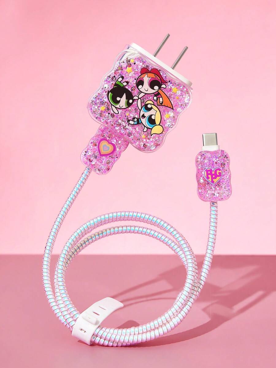 THE POWERPUFF GIRLS X SHEIN Bộ 3 ốp bảo vệ cáp dữ liệu, phù hợp với bộ sạc , họa tiết hoa anh đào, ốp bảo vệ bộ sạc (không kèm cáp dữ liệu) - Hồng - Xem 1