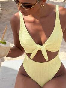 SHEIN Swim Mod 2026 Spring/Summer One-Piece Swimsuit For Women, Conservative Hollow-Out Slimming High-End Vacation & Spa Swimwear - Multicolor - View 1