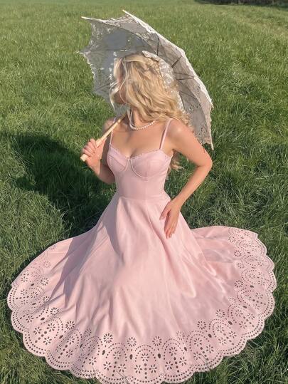 SHEIN Glamour Đầm chữ A màu hồng dây mảnh phối ren buộc sau lưng dành cho nữ, đầm thời trang đi nghỉ mát, thanh lịch, đa năng, đầm hồng nữ, đầm dài nữ