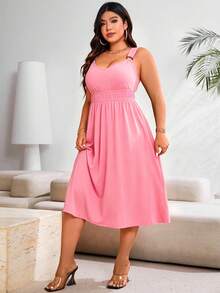 SHEIN Clasi Đầm maxi xếp ly màu trơn cỡ lớn dành cho nữ, kiểu dáng thường ngày, thích hợp mặc mùa hè. - Màu Hồng  Dưa hấu - Xem 7