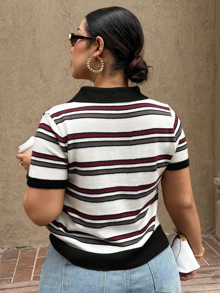 Dazy Plus Contrast Stripe Polo Collar Short Sleeve Fitted Casual Formal Spring Autumn Knit Top, Plus Size Women