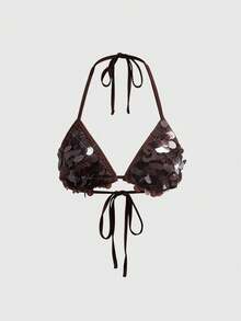 ROMWE Summer Outfits Beachwear Music Festival Sequin Mesh Bikini & Super Low-Rise Skirt 2 Pieces Set For Women - Coffee Brown - View 8