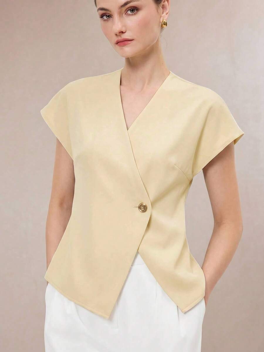 BizChic Áo nữ dáng bất đối xứng, cổ bất đối xứng, cài khuy kim loại, vai rộng, hiện đại, thanh lịch, phù hợp đi làm hàng ngày, lãng mạn, phong cách thập niên 90, retro, Giáng sinh, Năm mới, Ngày lễ tình nhân, tiệc tùng, đi biển, tốt nghiệp, lễ hội, kỳ nghỉ, đa năng, tối giản, lãng mạn, thích hợp cho khách dự đám cưới, chủ nhà, hẹn hò, tiệc tùng, hòa nhạc, bữa trưa, sân bay, nhiều dịp. - Màu vàng - Xem 1