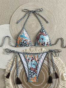 SHEIN Swim Vcay 女士泳衣套装，海岛海滩度假风流苏装饰比基尼两件套，撞色滚边休闲泳装，适合泳池派对，性感女士比基尼上衣波西米亚风比基尼套装佩斯利花纹比基尼波西米亚风泳衣 - 彩色 - 查看 2