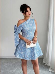 Elenzga 大码女士优雅度假简约精致约会之夜系带腰身不对称肩部提花面料A字短裙 - 藍色 - 查看 5