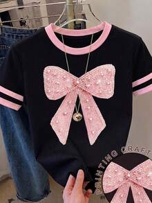 3件套女童甜美蝴蝶印花短袖T恤套装，黑/粉/蓝三色可选，仿珍珠装饰，百搭上衣，适合外出、休闲、派对等场合。 - 彩色 - 查看 5