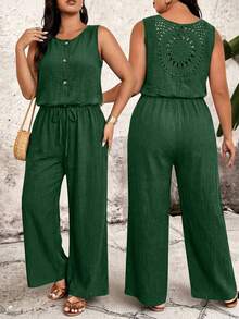 Breezaya Plus Size Solid Color Round Neck Backless Lace Sleeveless Elastic Waist Jumpsuit With Buttons - Green - View 1