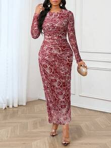 SHEIN Lady Four Season Party Print Women's Vintage Printed Pleated Dress Elegant Women Dresses Long Sleeve Dress Wedding Dress Guest Bridesmaid Dress Fall Dresses Vintage Dress Burnt Orange Dress - Red - View 4