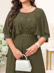 SHEIN Clasi 大码女式纯色珍珠装饰优雅连衣裙 - 軍綠色 - 查看 1