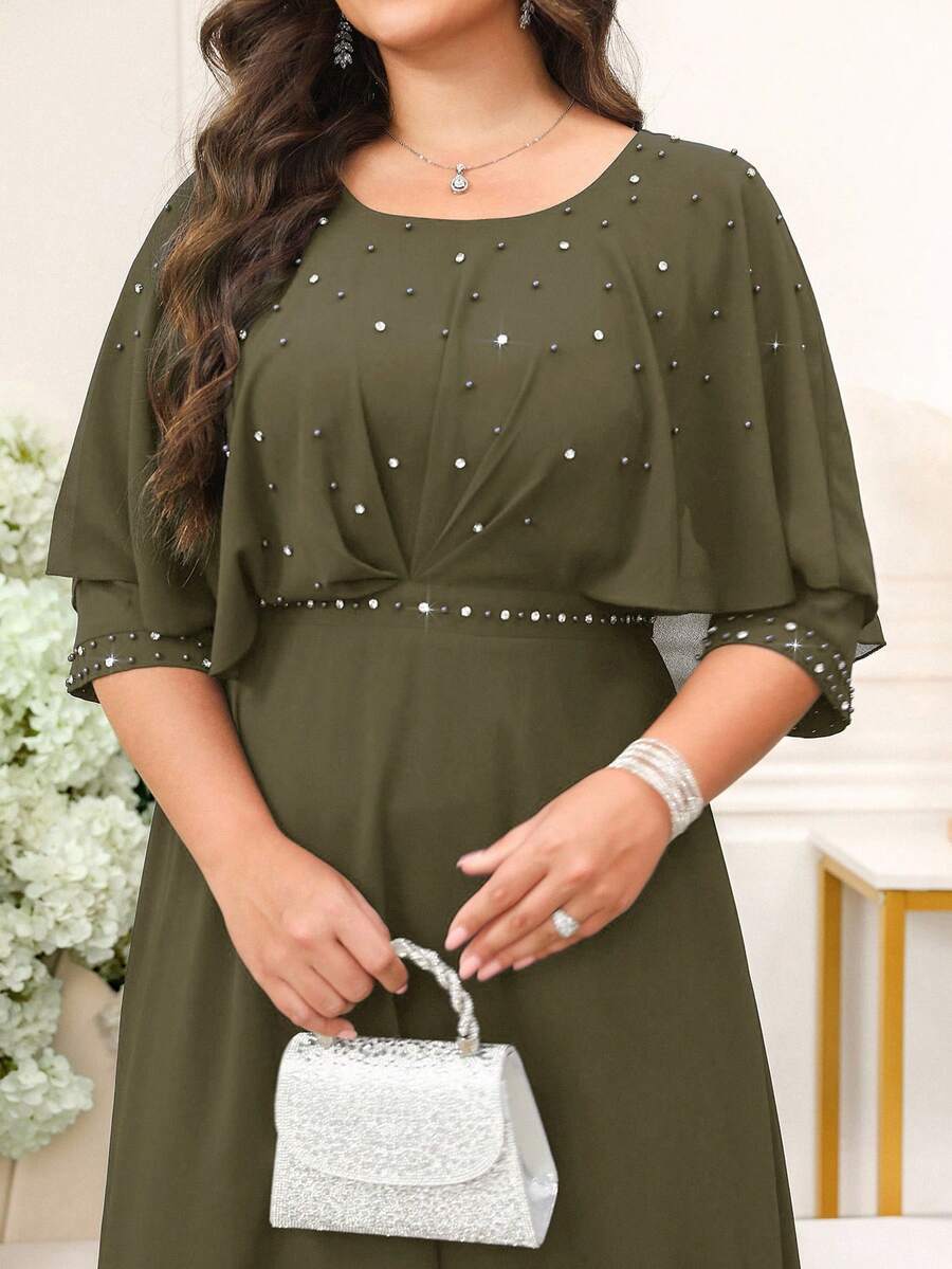 SHEIN Clasi 大码女式纯色珍珠装饰优雅连衣裙 - 軍綠色 - 查看 1