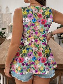 SHEIN LUNE Plus Size Floral Oil Painting Print Ruffle Hem Tank Top, Suitable For Summer - Multicolor - View 2