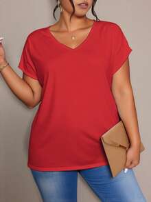 EMERY ROSE Red V-Neck Short Sleeve Plus Size T-Shirt, Plus Size T-Shirt, V-Neck Batwing Sleeve Design - Multicolor - View 3