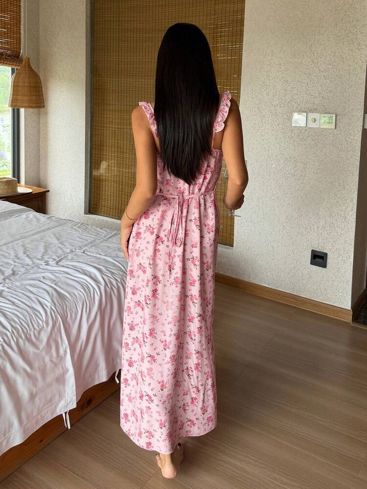 Women's Floral Ruffle Trim Bow Decor Nightgown