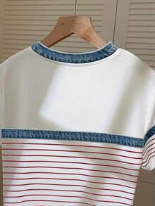 Resyla Women's Fashion Round Neck T-Shirt With Denim Striped Print - Multicolor - View 5
