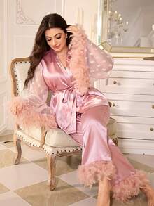MuseNap CURVE Plus Size Satin Pajama Set, Cute Heart Lace Trim Fluffy Sleeve Splice Luxury Short Robe, Satin Pants Set - Pink - View 3