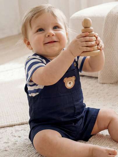 Cozy Pixies 2pcs Baby Boy Striped Crew Neck Short Sleeve Top And Bib Shorts Set