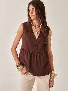 SHEIN Camiseta sin mangas casual de algodón puro con cuello en V profundo, decoración de botones y bajo empalmado, estilo retro francés, adecuada para viajes de verano y atuendos de vacaciones - Marrón - Ver 4