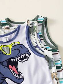 Baby Boy White Summer Casual Cute Beach Dinosaur Print Graffiti Handpainted Colorful Striped Sports Style Soft Comfortable Tank Top & Shorts Set - White - View 5