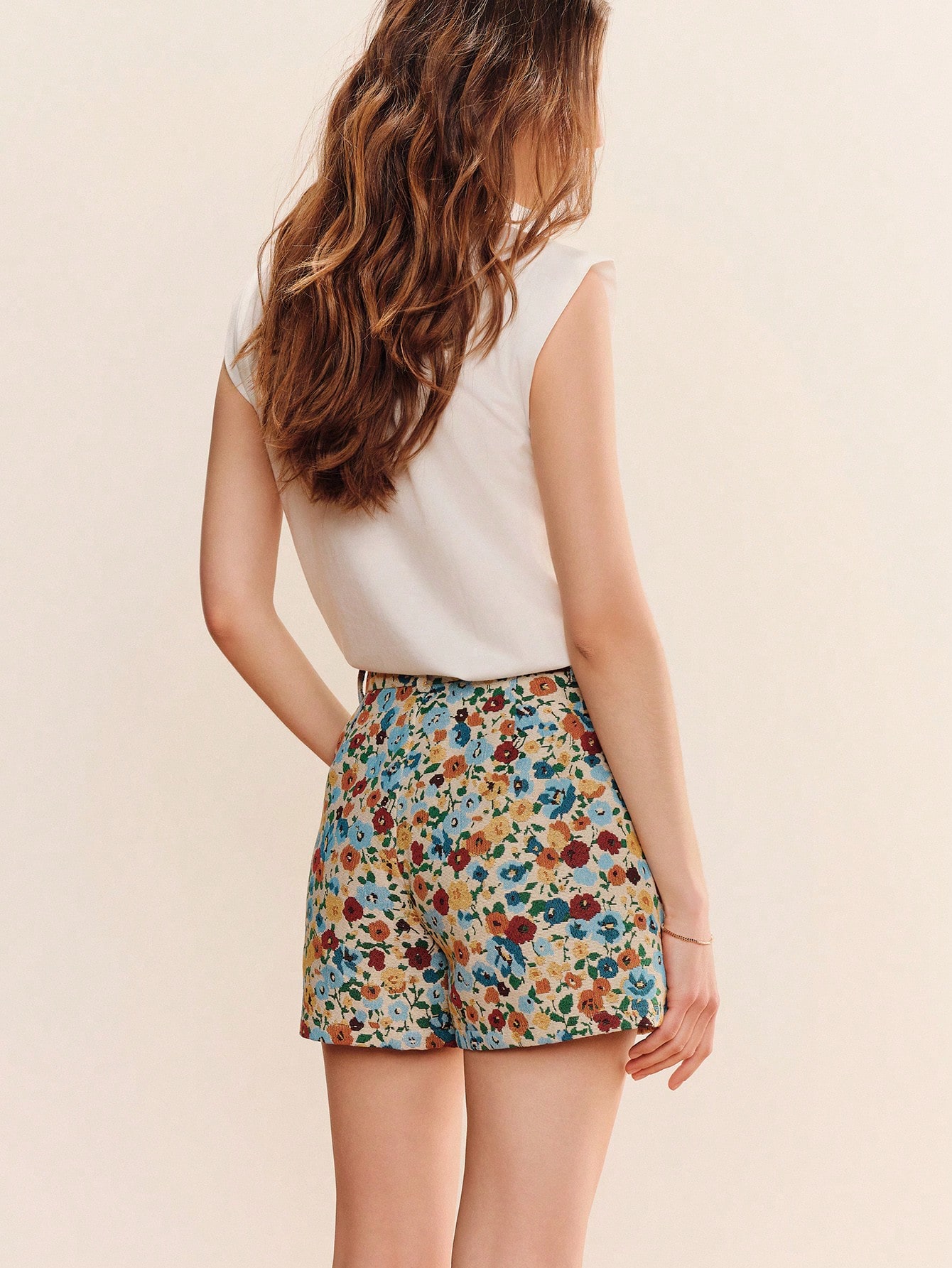 High-Waisted A-Line Shorts In Floral Jacquard With Front Pleats Spring Summer Jacquard Floral Shorts Holiday Outfits Going Out Outfits Vintage Style