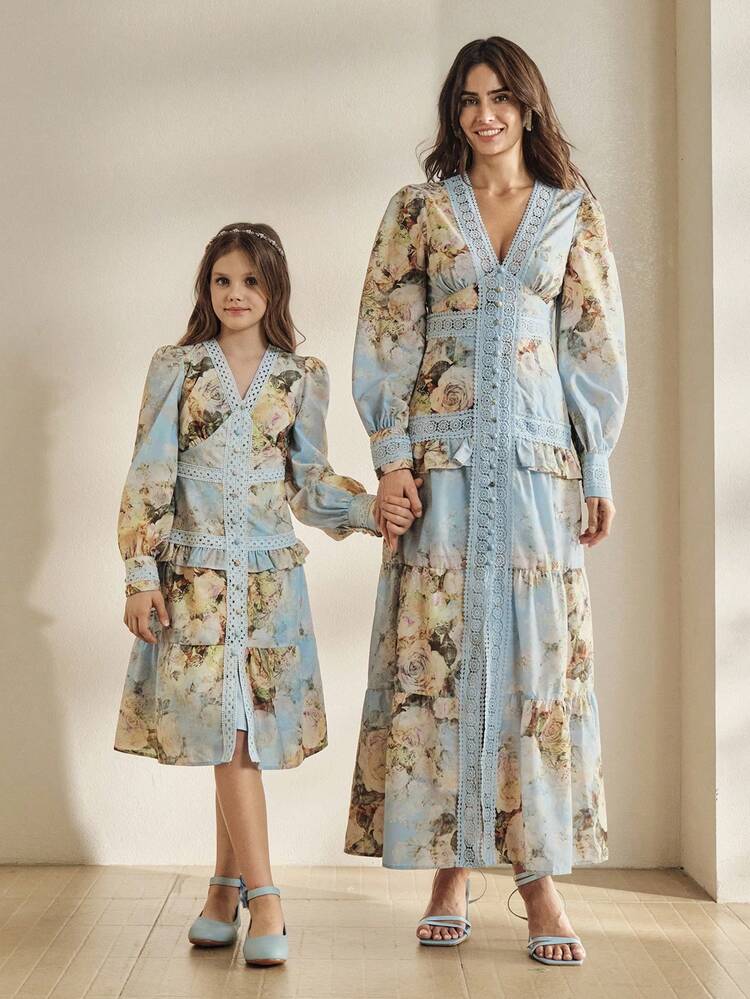 Summer Dresses Blue Vintage Ditsy Floral Petal Sleeve V-Neck Ruffle Single-Breasted Mid-Long Floral Dress For Girls