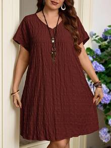 Rosumi Plus Size Summer Casual Solid Color Textured Dress - Redwood - View 2