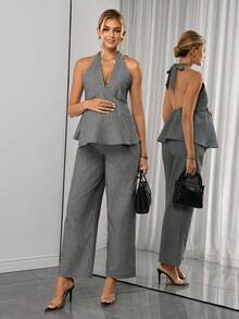 Momance 2pcs Maternity Halter Tie Back Bow A-Line Shirred Top And Straight Leg Striped Pants Set Photoshoot Summer - Black - View 1