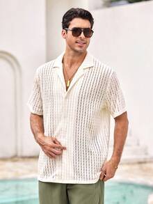 Mercer Haus Men's Cuban Collar Lace Knitted Short Sleeve Button-Up Shirt - Apricot - View 4