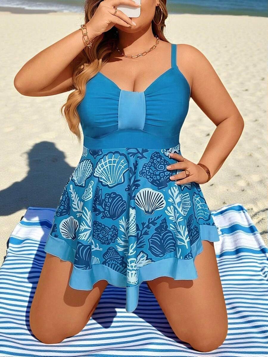 Swim Lushoire Plus Size Women 2pcs Spaghetti Strap Crop Top A-Line Waist Slimming Beach Swimsuit Set - Multicolor - View 1