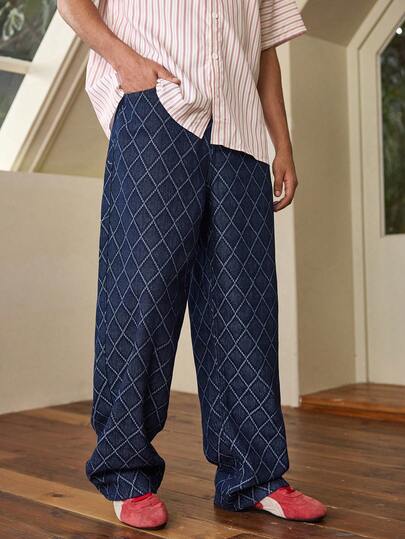 Open Phase ONE.DINY Blue Rhombus Jacquard Loose Straight Leg Jeans, Retro American & British Style Casual Pants