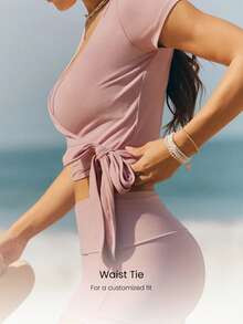 GLOWMODE Áo croptop FeatherFit™ mềm mại, co giãn, ôm sát, buộc dây phía trước, tay bồng, thích hợp cho tập yoga, pilates và mặc thường ngày. - Hồng - Xem 3