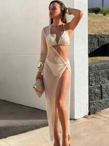 Swim Oasis 2026 New Summer Holiday Party Vacation Dress For Women White Halter Spaghetti Strap Sexy Beach Resort Wedding Evening Bikini 3-Piece Set - Apricot - View 3