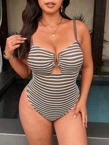 Swim Vcay Plus Size Striped Print Metal Decor Hollow One-Piece Swimsuit - Brown - View 3