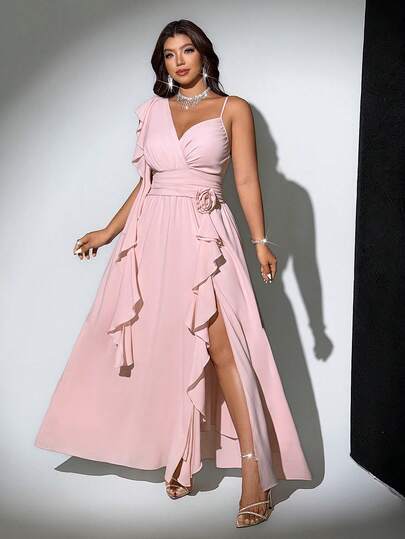 Viva Relle Plus Size Women's Elegant Spaghetti Strap Waist Cinched A-Line Dress With High Slit Ruffle Hem, Suitable For Weddings, Parties, Gatherings