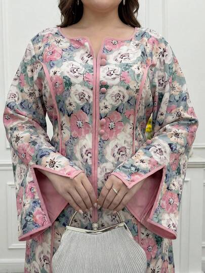 Al Najma Vestido de manga larga con estampado floral de estilo árabe para mujer de talla grande