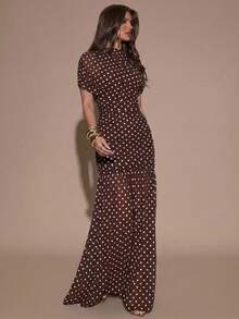 SHEIN BAE White Base Black Polka Dot Print Round Neck Short Sleeve Bodycon Ruffle Hem Elegant Dress, Elegant Dress, Polka Dot Dress - Coffee Brown - View 6