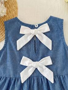 SHEIN Baby Girl Bow Decor Round Neck Tank Top And Pants Casual Outfit - Blue - View 2