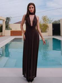 Bris Aura Women's Solid Color Mesh Plunging Back Tie Wrap Dress, Sexy See-Through Vacation Dress,Valentine's Day,Valentine Outfits For Women Party Elegant - Coffee Brown - View 1