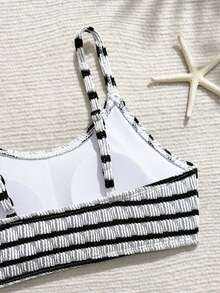 SHEIN Tween Girls Striped Bikini Sets, Casual Polyester Triangle Swimwear For Summer Vacation, Beach, Holiday - Black and White - View 3