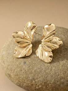 Arave 1 par de pendientes metálicos de media luna ondulada con flores para mujeres, joyas para el oído de verano vintage, exageradas, europeas y americanas, regalo para niña - Amarillo Oro - Ver 3